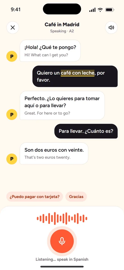 Polly, a concept language tutor app with a voice chat