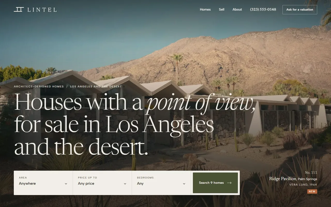 Lintel, a concept website for an estate agent, with a property search over a desert house